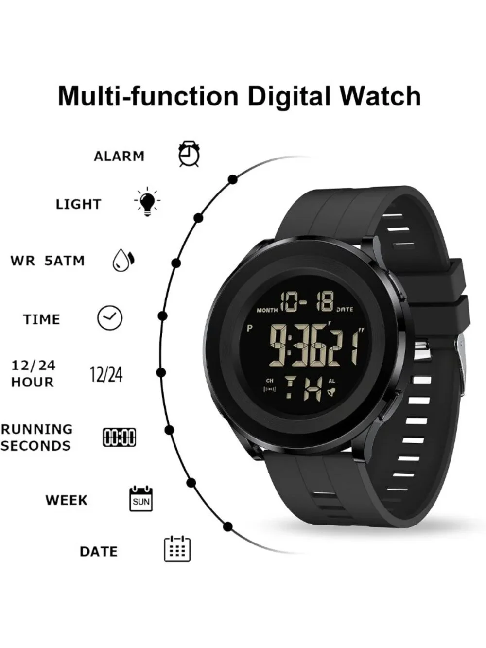 Men's Black Waterproof Tactical Military Digital Sports Watch - Durable